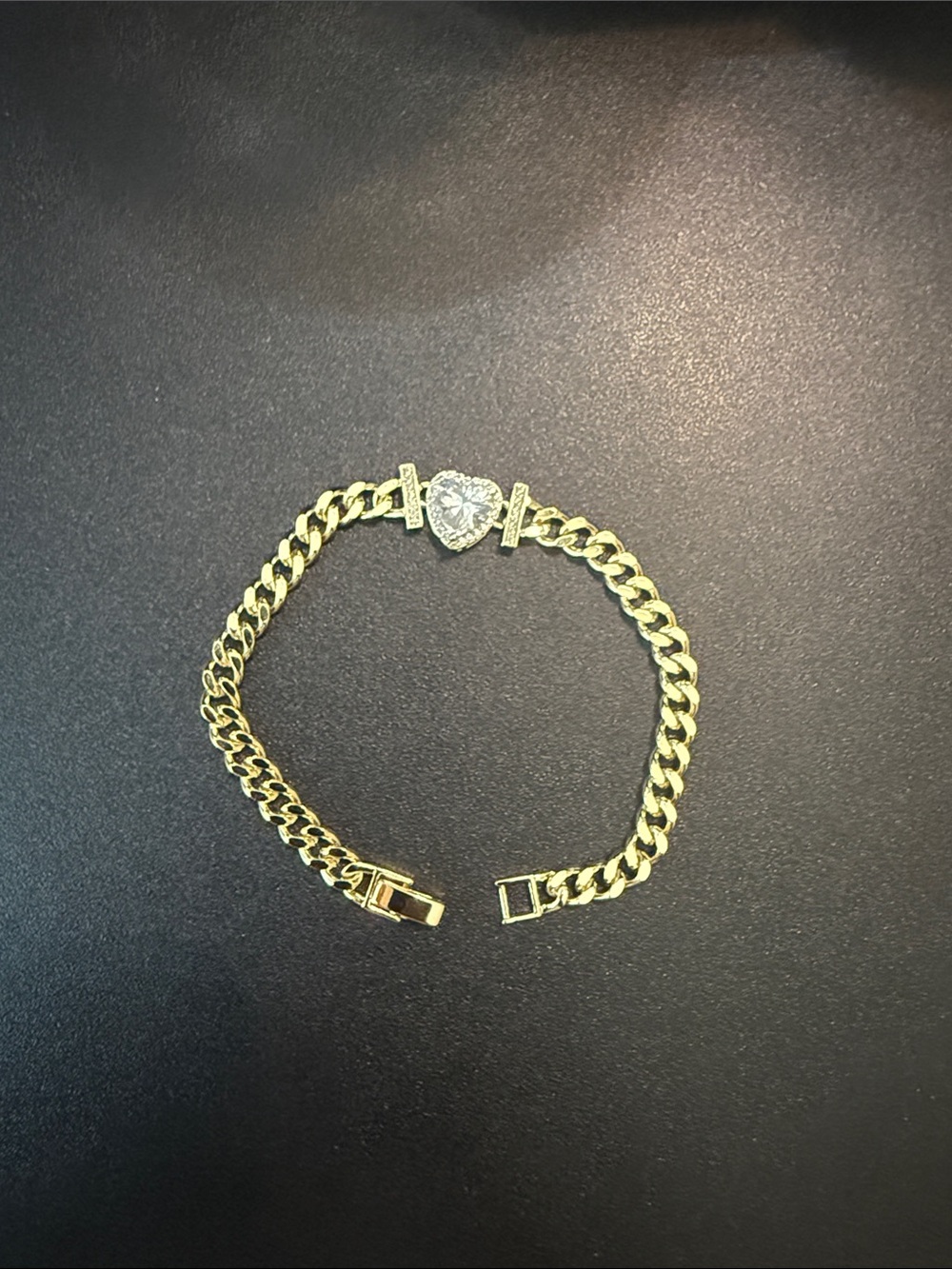 Gold Heart Cuban Link Bracelet with Pavé Heart Accent